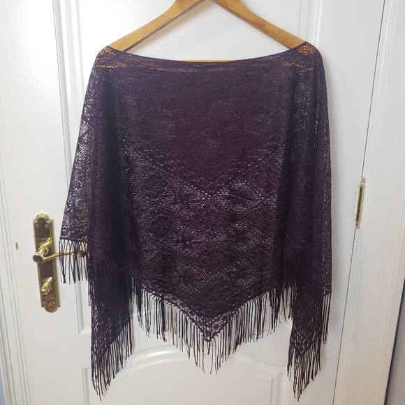 Zokai Lace Woven Purple Poncho Cape Fringe Trim - Picture 6 of 6